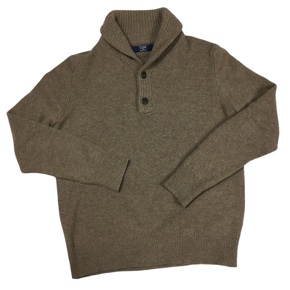J. Crew Sweater 100% Lambswool Shawl Collar Mens Medium Brown Ribbed Trim Button